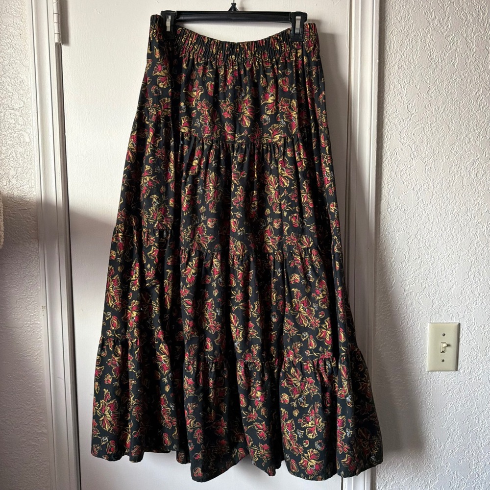 Ozark Mountain Jean Company Floral Tiered Maxi Skirt Black Red Gold M USA Made